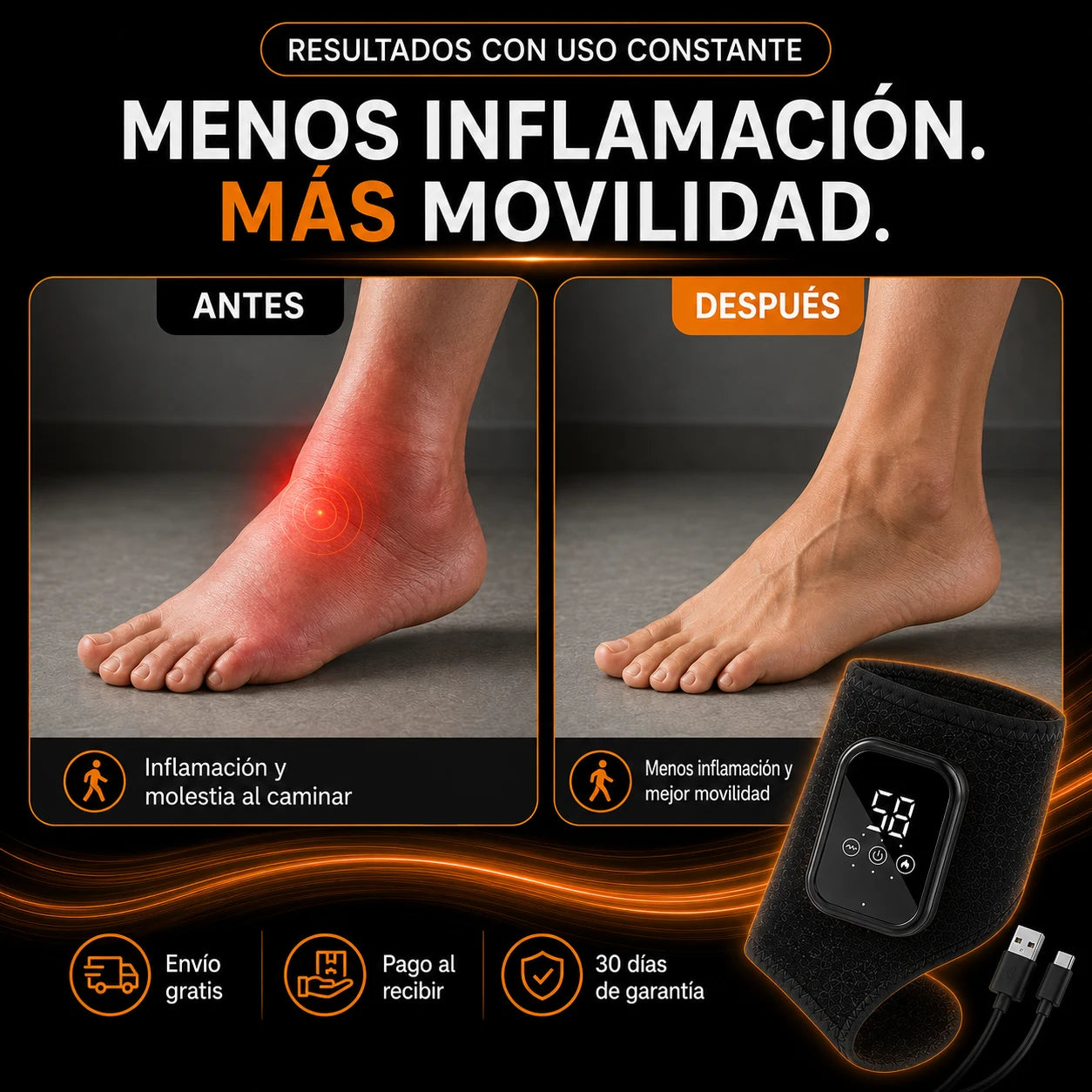 FootCare® Masajeador Térmico para Tobillo – Calor y vibración para aliviar molestias, rigidez y cansancio | Envío gratis