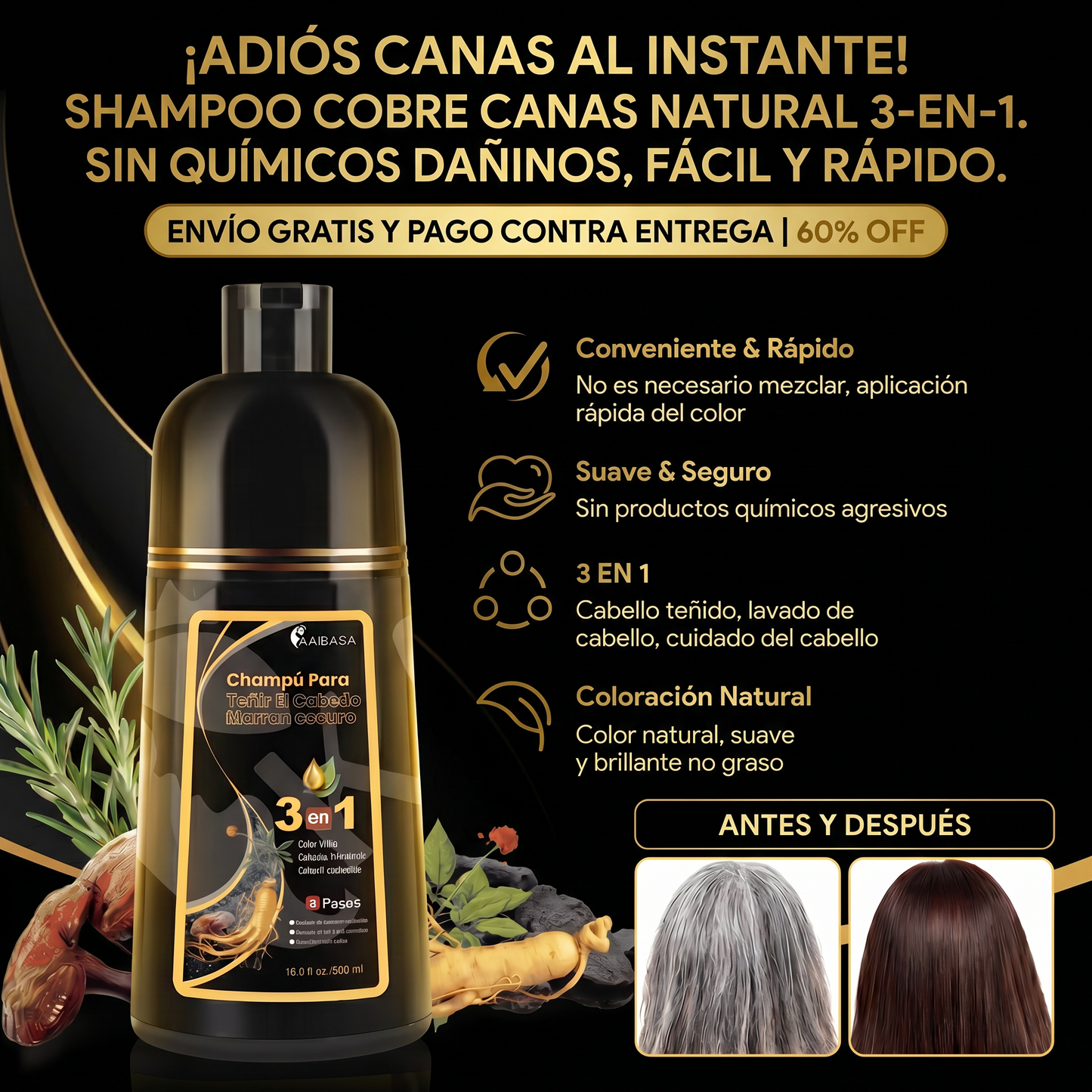 Shampoo Cubre Canas 3 en 1 Natural – Cabello Negro Instantáneo | Stock Limitado