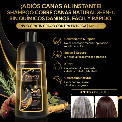 Shampoo Cubre Canas 3 en 1 Natural – Cabello Negro Instantáneo | Stock Limitado